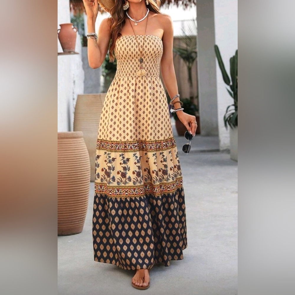 New Boho Print Strapless Tube Top Maxi Dress - Picture 2 of 10